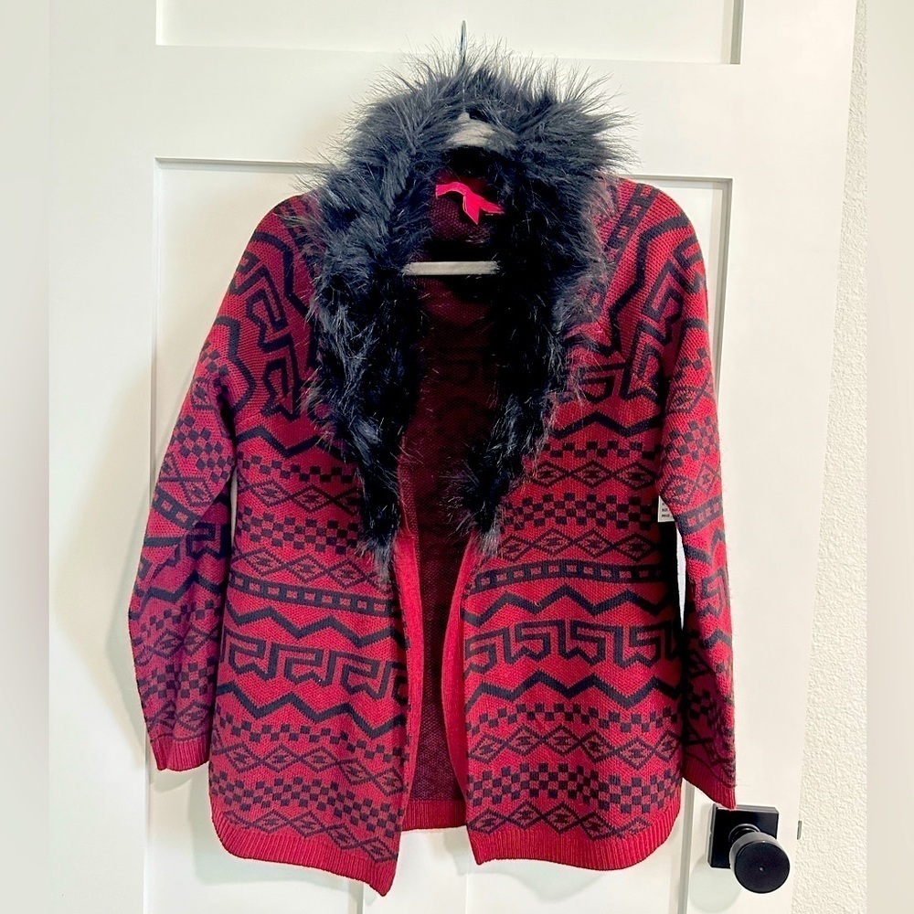 Rebellious One Size Large Open Front Cardigan with Faux Fur trim, Red and Black